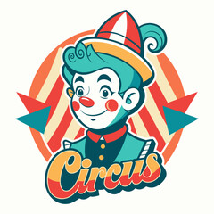 The emblem of the circus. A fun circus show, retro paper signs, an invitation banner. A clown with a red nose.