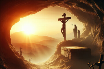 Crucifixion and Resurrection. He is Risen. Empty tomb of Jesus with crosses in the background and cinematic lighting. Easter or Resurrection