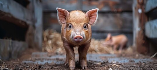 Adorable small piglet in a charming farmyard, exuding delightful and endearing charm