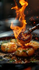 Illustrate a culinary masterpiece being finished with a torch, flames fiercely reshaping its surface texture - obrazy, fototapety, plakaty