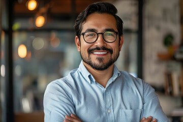 Obraz premium A beaming man in a light blue shirt and glasses, arms crossed, revels in his career advancement.
