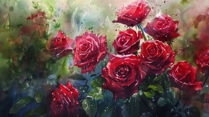 Amidst a moonlit garden, a magnificent bouquet of red roses emerges, each petal glistening with dewdrops under the ethereal glow.