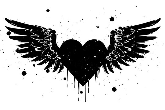 Love's Flight: Grungy Angel Wings and Heart Vector Illustration. Tattoo Design.