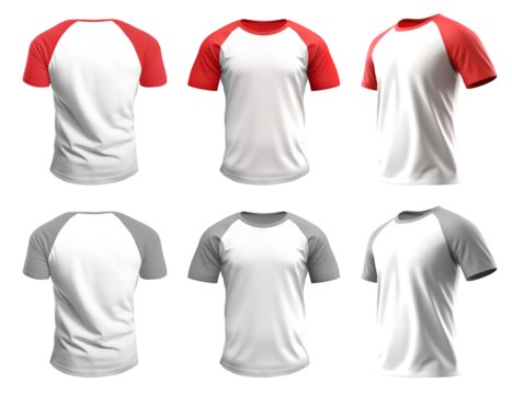2 Set of men red maroon grey gray Raglan Sleeves white tee t shirt colour block round neck front, back and side view on transparent background cutout, PNG file. Mockup template for artwork design