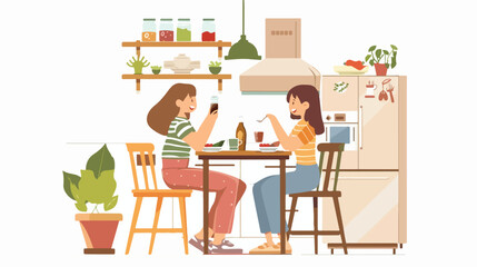 Two girls family eating lunch  drinking together