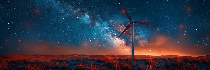 A towering, sleek wind turbine standing tall against a backdrop of stars. - obrazy, fototapety, plakaty