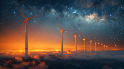 A towering, sleek wind turbine standing tall against a backdrop of stars. - obrazy, fototapety, plakaty