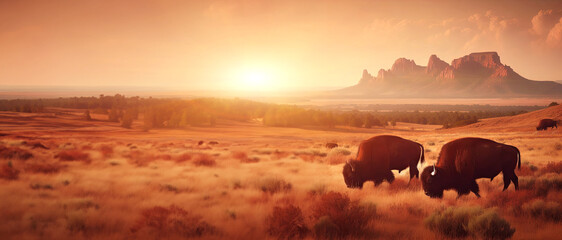 American Bison in South Dakota in a field at sunset. - obrazy, fototapety, plakaty