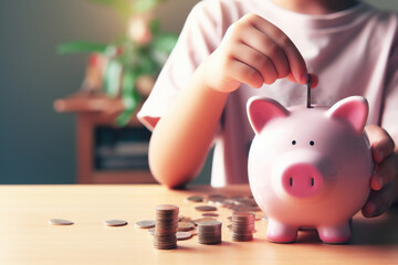 boy collecting money in a piggy bank in a little pink pig, finance concept