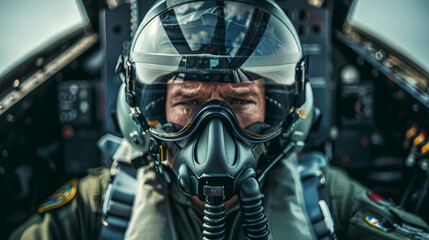 Fototapeta premium Portrait of a military aircraft pilot sitting in his plane wearing helmet and mask during the flight. Generative AI