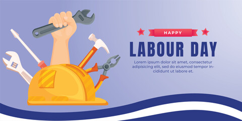 Labor Day. 1 may. International Workers' Day celebration with Yellow safety hard hat and construction tools. Banner for Labor Day