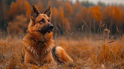 German shepherd dog lounges in tall grass, blending in with wildlife