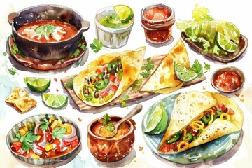 Traditional Mexican Food Illustration Including Tacos, Quesadillas, and Tortillas in Watercolor Style