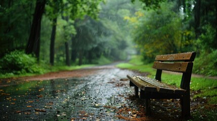 Obraz premium Bench dampened by rain rests on the roadside