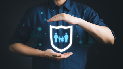 Businessman with protective gesture and family, life. Insurance concept, health and house insurance icons. Family life insurance and policy concepts.