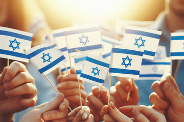 A group people holding up flags with the word Israel on them - obrazy, fototapety, plakaty