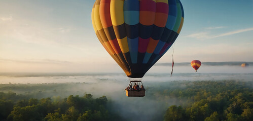 Colorful hot air balloons flying over mountain and forst - Powered by Adobe