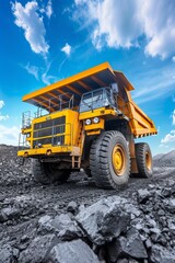 Big yellow anthracite coal mining truck in open pit mine industry for efficient extraction