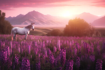 White horse in field purple flowers against backdrop mountains at sunset