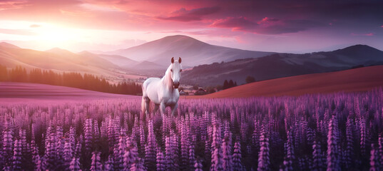 White horse in field purple flowers against backdrop mountains at sunset - obrazy, fototapety, plakaty