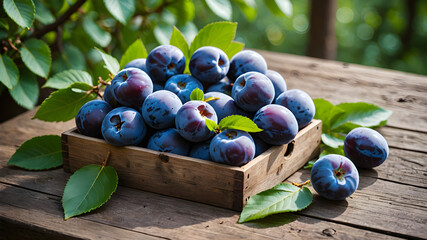 Vibrant Blue Plums Surrounded by Fresh Green Leaves on Rustic Wooden Table