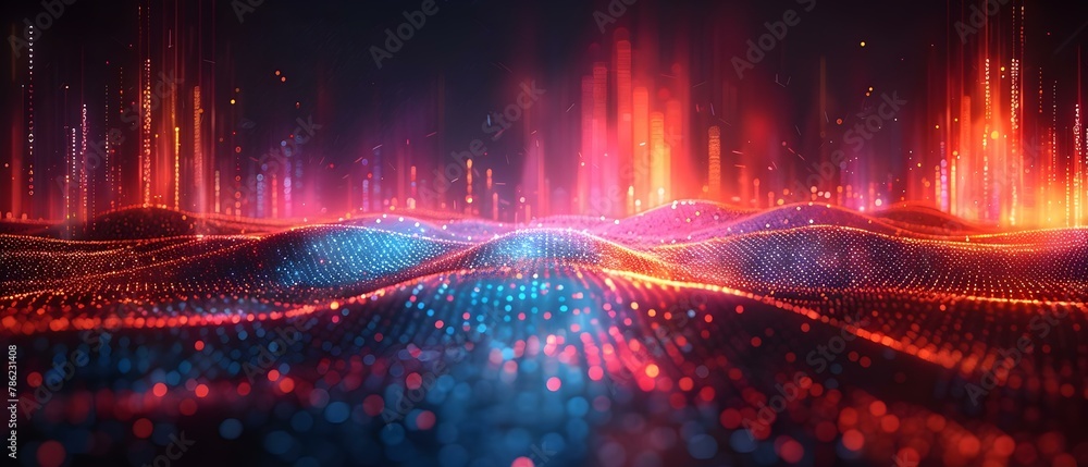 Poster futuristic data stream visualization in neon palette. concept data visualization, futuristic design,