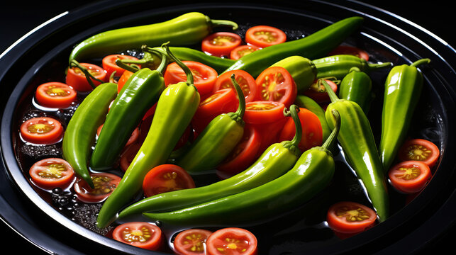 Green banana peppers and red tomatoes in a pot with water