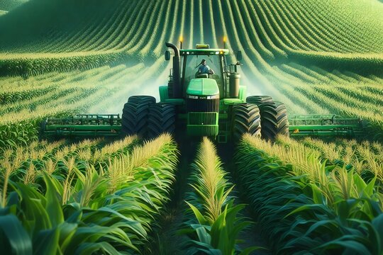 A green tractor is driving through a field of corn