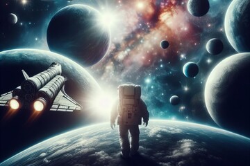A man in a spacesuit is walking on planet in space - obrazy, fototapety, plakaty