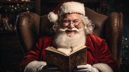 Joyful Santa Claus Reading a Magical Book by Christmas Tree