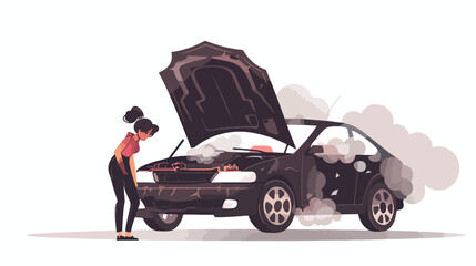 Woman standing and looking under the hood of her brok