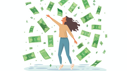 Woman throwing green dollar cash money in the air 