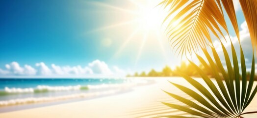 Fototapeta na wymiar A beach scene with palm tree and the sun shining on it