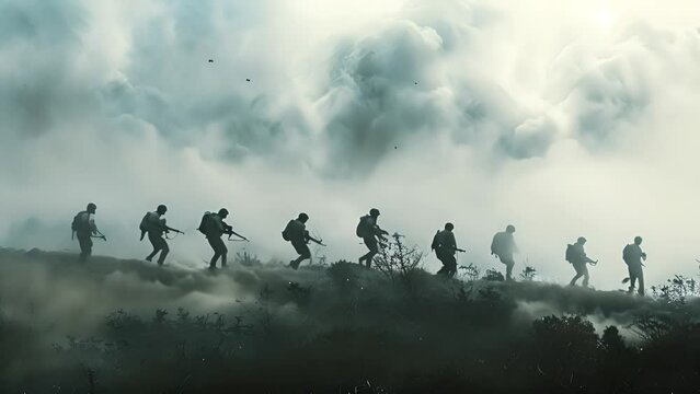 Silhouettes of army soldiers in the fog, marines team in action, surrounded fire and smoke, shooting with assault rifle and machine gun, attacking enemy 4k video. War zone