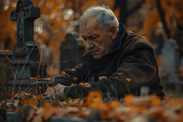 A sad senior man grieves the loss of his loved one on a cemetery on an autumn evening. He stands by the headstone of his wife, expressing deep emotion and mourning.