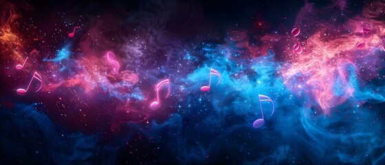 Rhythmic Pulse: Neon Notes Dance in Cosmic Symphony. Concept Neon Lights, Music Rhythms, Cosmic Dance, Symphony, Colorful Vibes