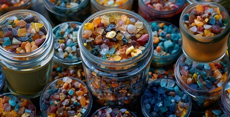 Transparent Jars Display a Kaleidoscope of Gemstone Crystals in Diverse Forms - obrazy, fototapety, plakaty