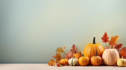 Naklejka na ściany i meble Autumnal Harvest Scene with Pumpkins and Fall Leaves