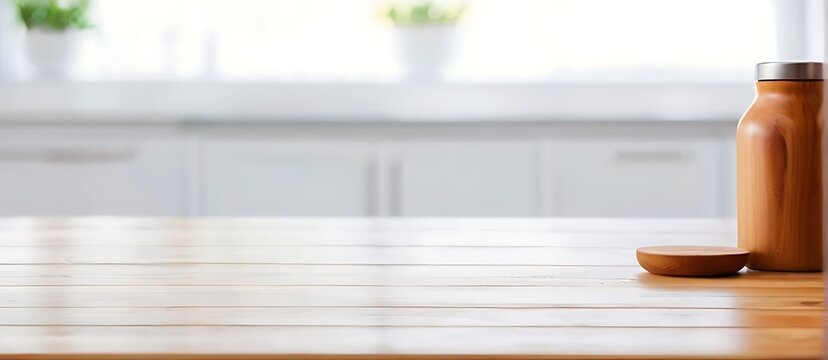 Wooden table on blurred kitchen bench background. Empty wooden table and white kitchen background