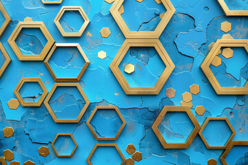 Geometric abstraction of hexagons on a blue relief background with gold elements. Fresco for...