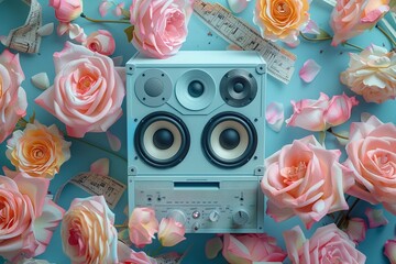 Soft pastel vintage speakers, surrounded by retro audio tapes and soft floral decor  ,close-up,ultra HD,digital photography - obrazy, fototapety, plakaty