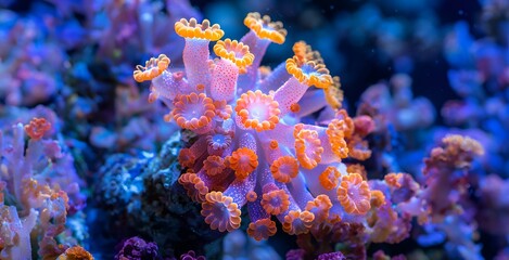 Vibrant Orange and Pink Coral Polyps on Blue Reef