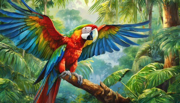 Numa floresta tropical, uma arara colorida preenche o c&eacute;u com suas chamadas estridentes, suas asas vibrantes contrastando com o verde exuberante das &aacute;rvores. 