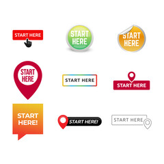 Set Vector illustration modern flat start here template Isolated on white background