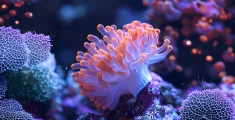Fototapeta na wymiar Underwater Scene with Vibrant Orange Sea Anemone and Colorful Coral