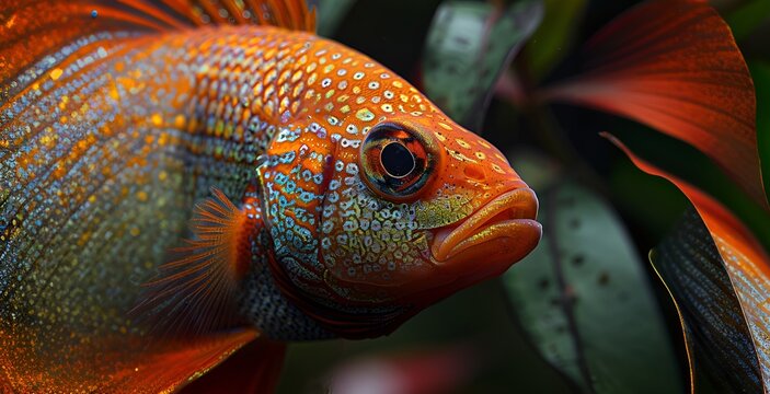 Close-up of a Vibrant Orange Fish with Blue Speckles and Large Black Eyes Amidst Colorful Foliage