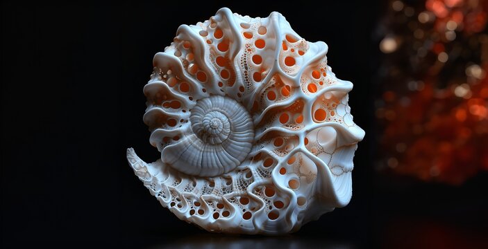 Intricately Detailed White Nautilus Shell with Orange-Colored Holes on a Dark Background