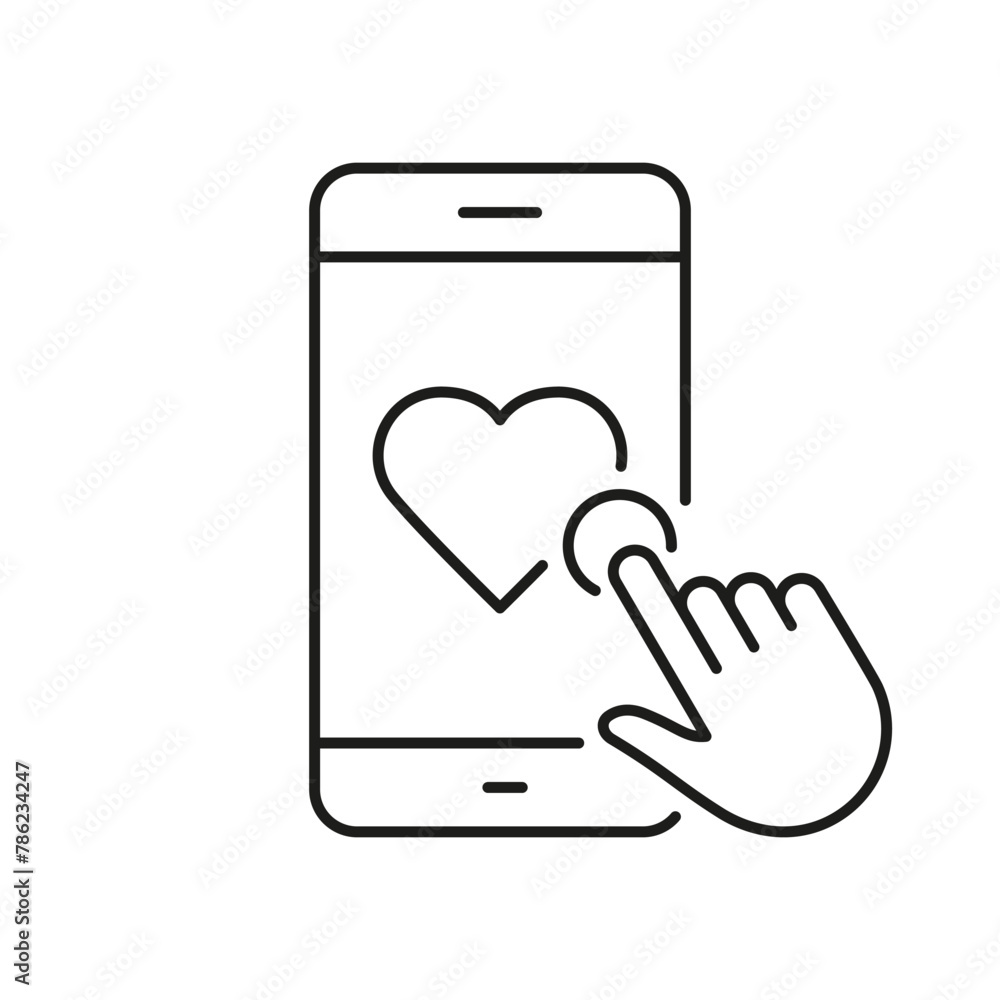 Poster like button line icon. click on heart shape button in smartphone linear pictogram. social media noti