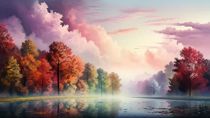Poster Aubergine a row of colorful trees in a fantastic landscape of the forest rainbow spectrum autumn in a fairy tale