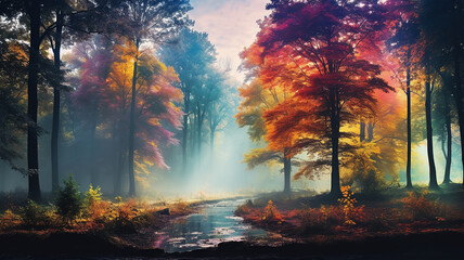 landscape morning in the autumn misty forest, the rays of sunlight at dawn shine through the fog in a panoramic view of the October park - obrazy, fototapety, plakaty